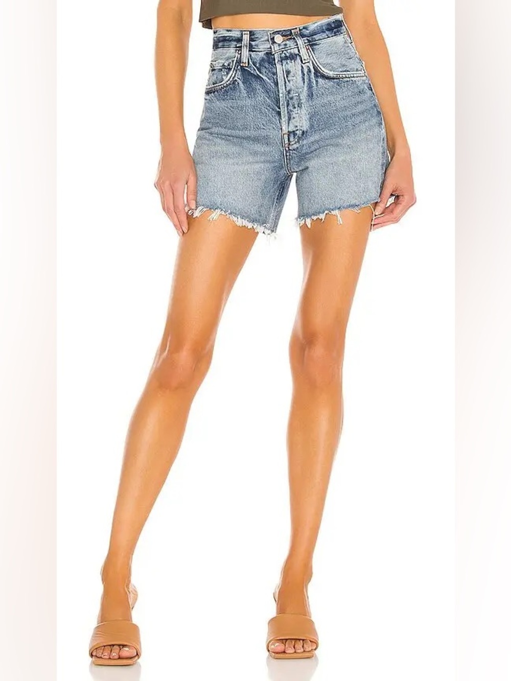 Agolde Riley Short Light Blue High-Rise Frayed Hem Denim Cut Off Shorts 070